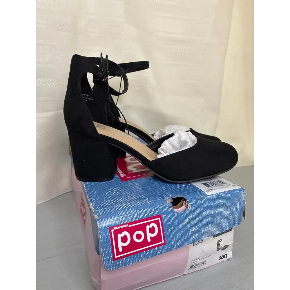 POP Gal Block Heel Pumps Black Womens Size 7.5M Ankle Strap